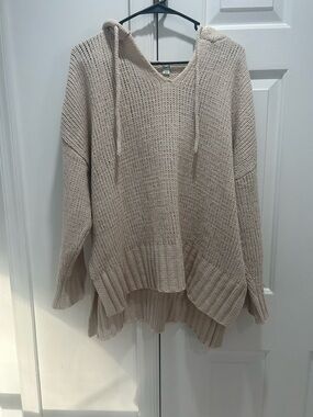 aerie Cream V-Neck Hooded Knit Sweater